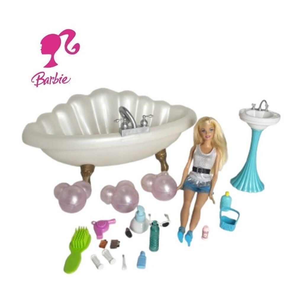 Barbie Bath Playset With Doll & Accessories Stylish Bathtub Sink Dollhouse Set
